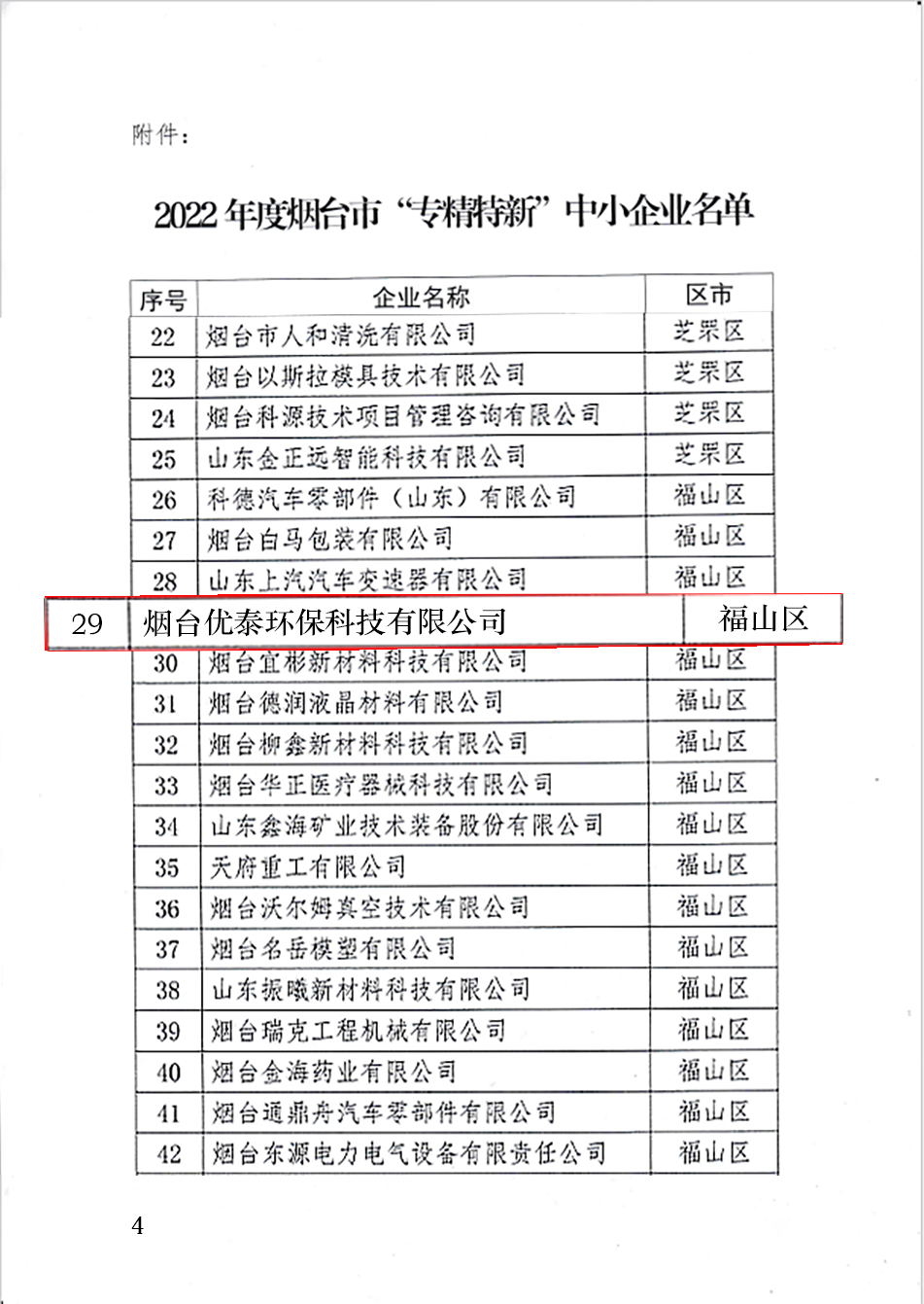 喜報|煙臺優泰環保科技有限公司通過2022年度煙臺市“專精特新“中小企業認定！(圖4)